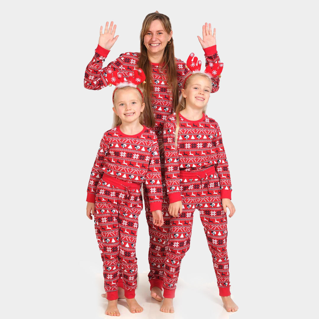 Pijama de Navidad para Familia Rojo con Renos y Árboles