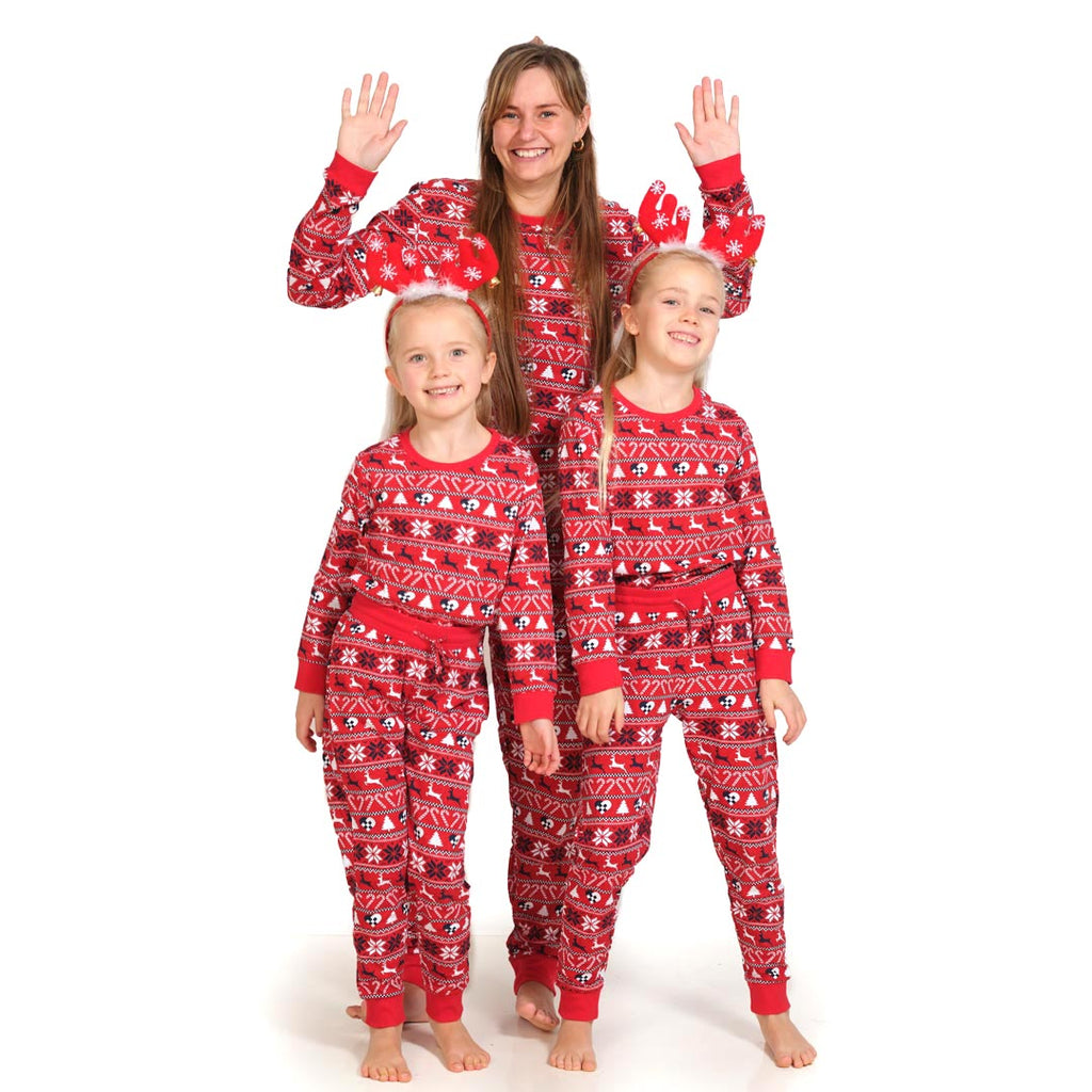 Pijama de Navidad para Familia Rojo con Renos y Árboles