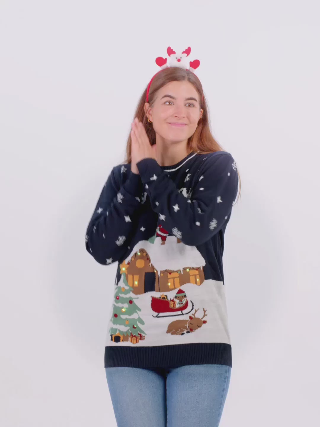 Jersey de Navidad con Luces LED para Mujer y Hombre Azul Merry Christmas