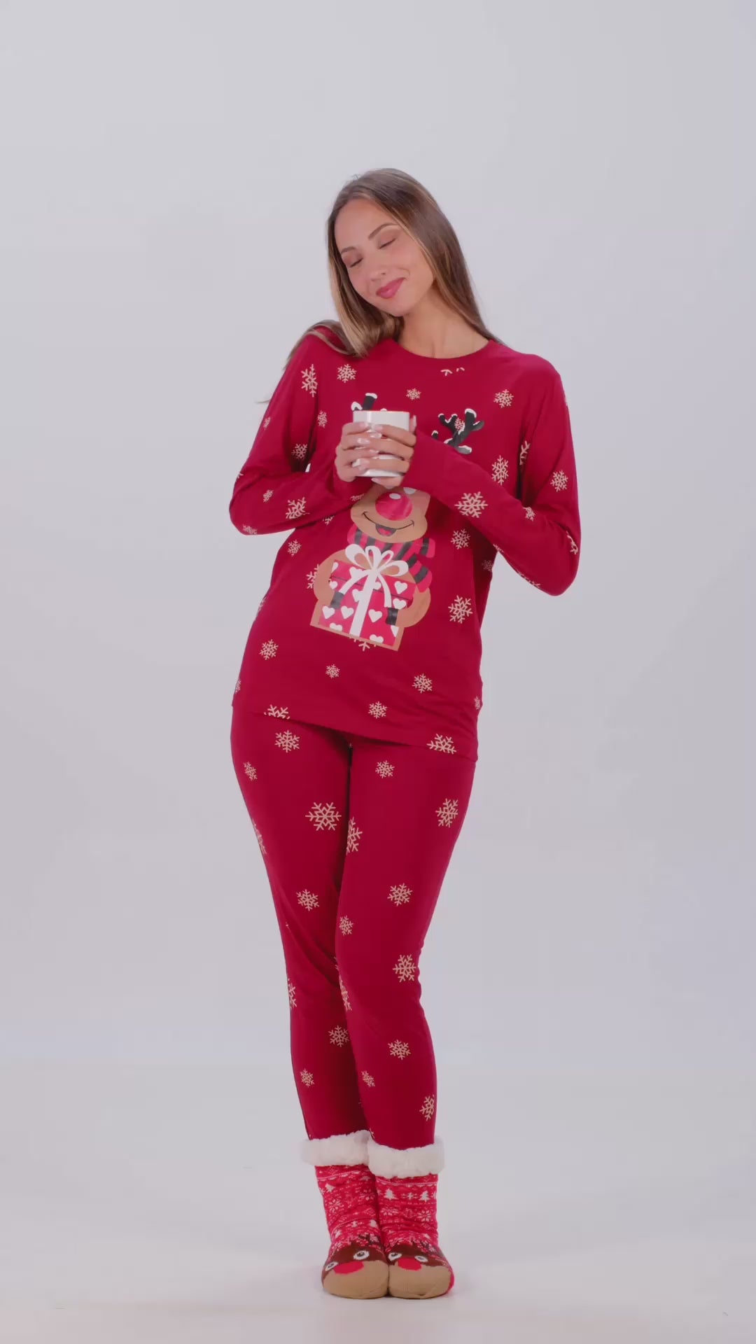 Pijama de Navidad para Mujer y Hombre Rojo Reno Rodolfo