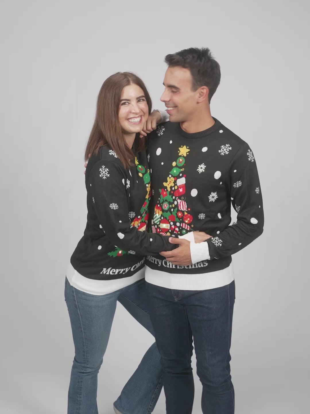 Jersey de Navidad con Luces LED Mujer y Hombre Negro con Árbol de Navidad