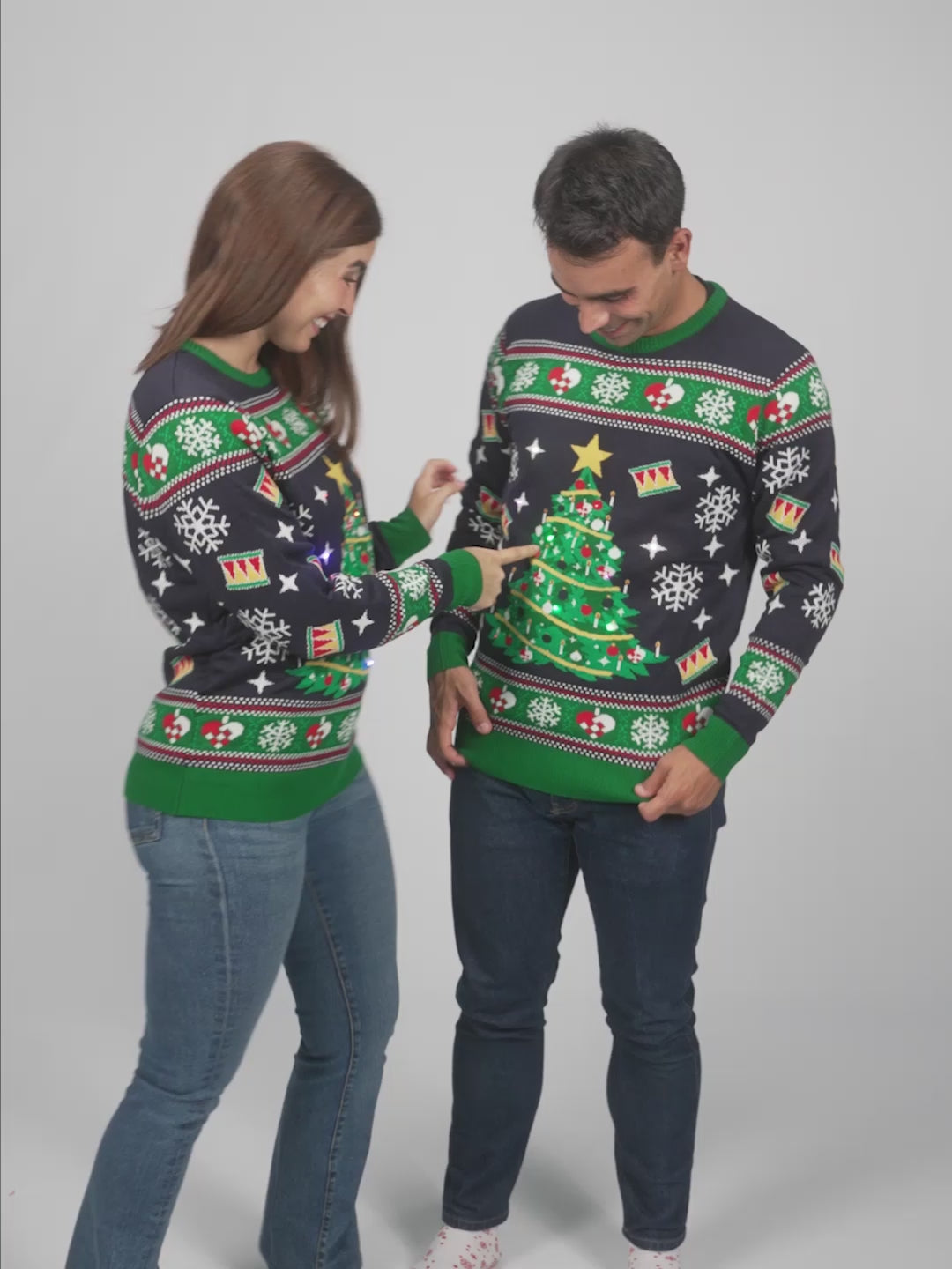 Jersey de Navidad con Luces LED Mujer y Hombre Azul con Árbol Navidad