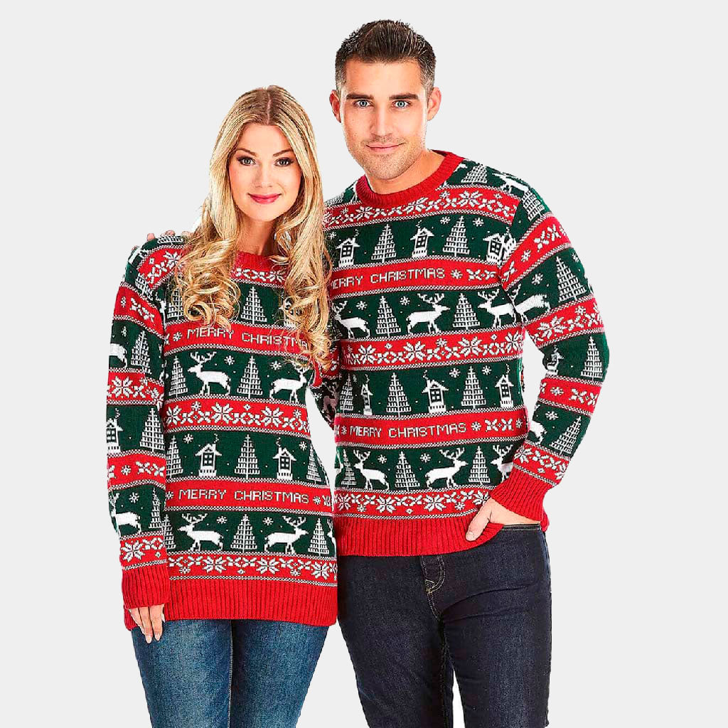 Jersey Navideño Pareja Rayas Verdes y Rojas Merry Christmas