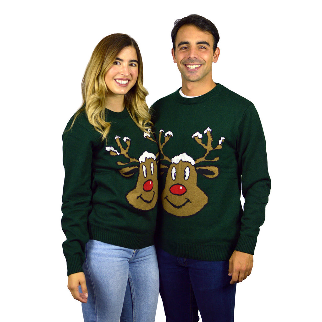 Jersey de Navidad Para Mujer Reno Sonriente Verde parejas