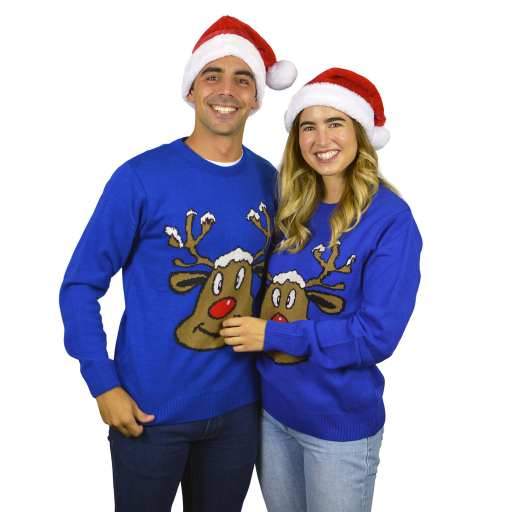 Jersey de Navidad para Hombre Reno Sonriente Azul parejas