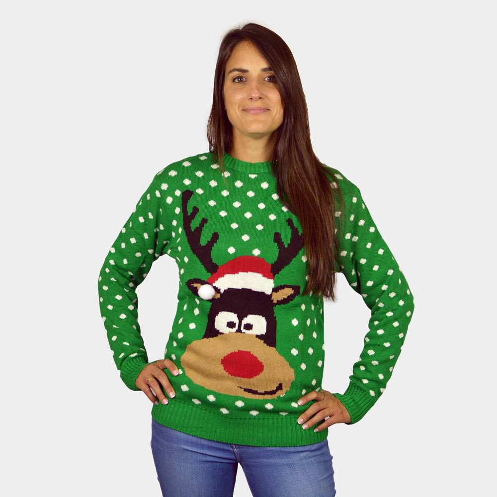 Jersey de Navidad Mujer Verde Reno con Gorro en 3D