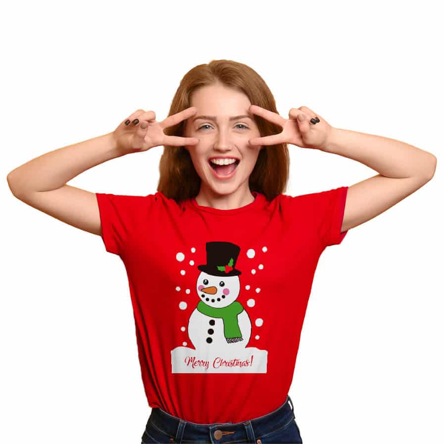 Camiseta de Navidad Mujer Roja con Muñeco de Nieve