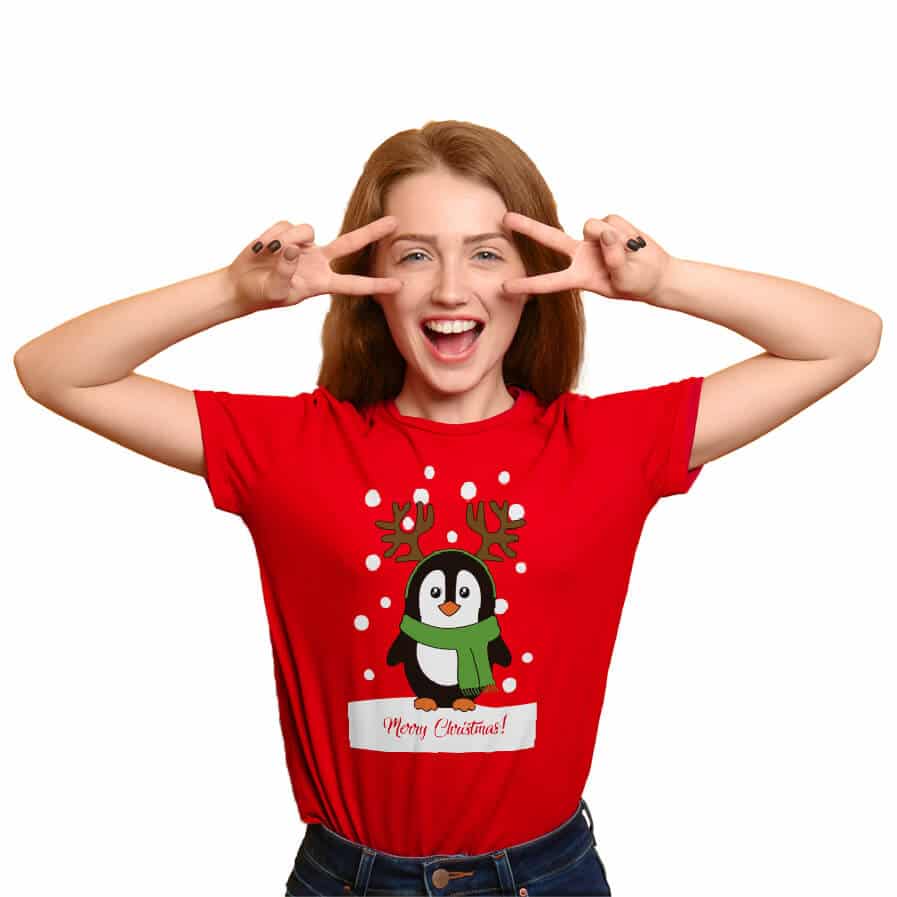 Camiseta de Navidad Mujer Roja con Pingüino
