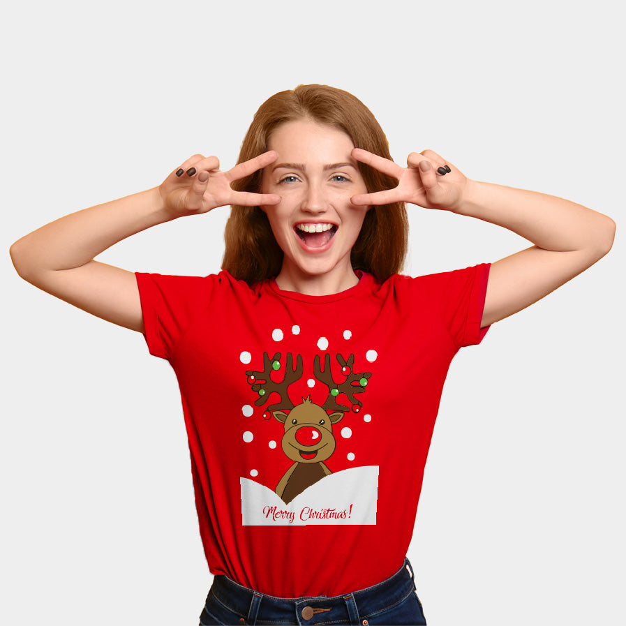 Camiseta de Navidad Mujer Roja con Reno Rudolph