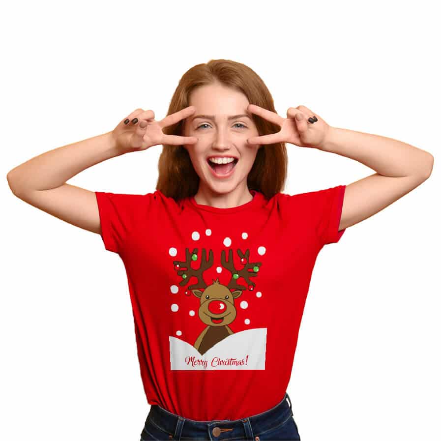 Camiseta de Navidad Mujer Roja con Reno Rudolph