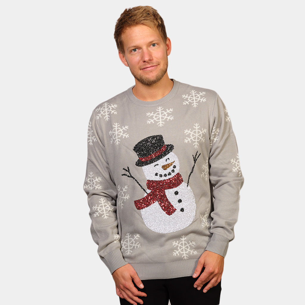 Jersey Navideño Hombre Gris con Muñeco de Nieve y Bufanda roja