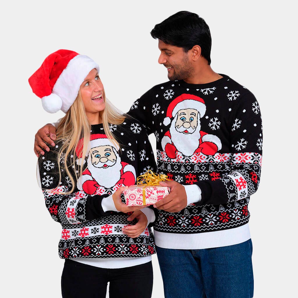 Jersey Navideño Negro con Papá Noel y Nieve Parejas