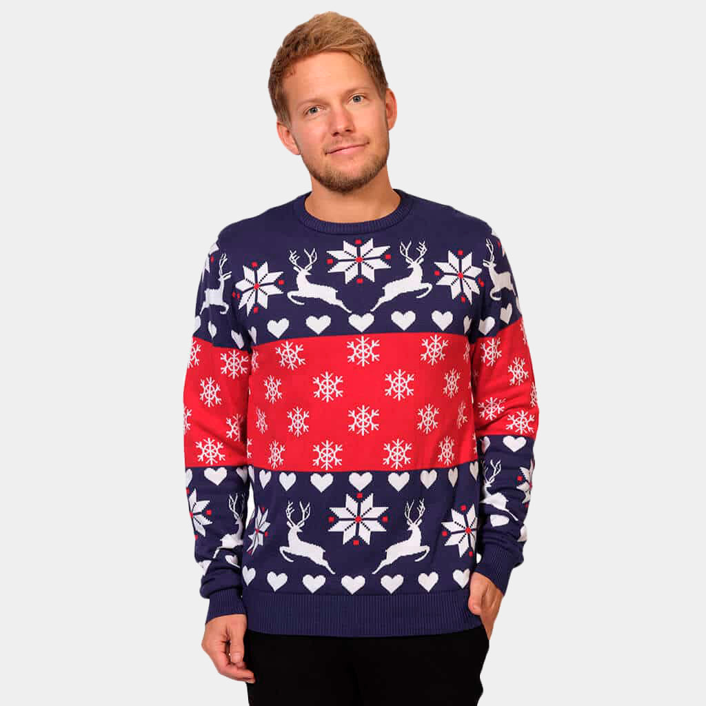 Jersey Navideño Hombre Renos y Corazones Azul y Rojo