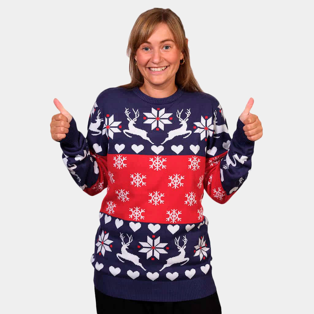 Jersey Navideño Mujer Renos y Corazones Azul y Rojo