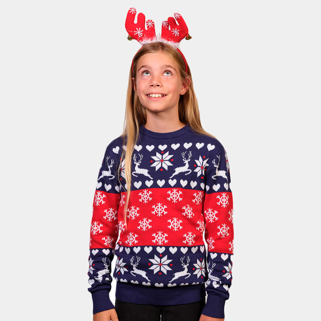 Jersey Navideño Niña Renos y Corazones Azul y Rojo
