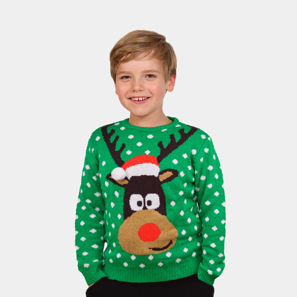 Jersey de Navidad para Niño Verde Reno con Gorro en 3D