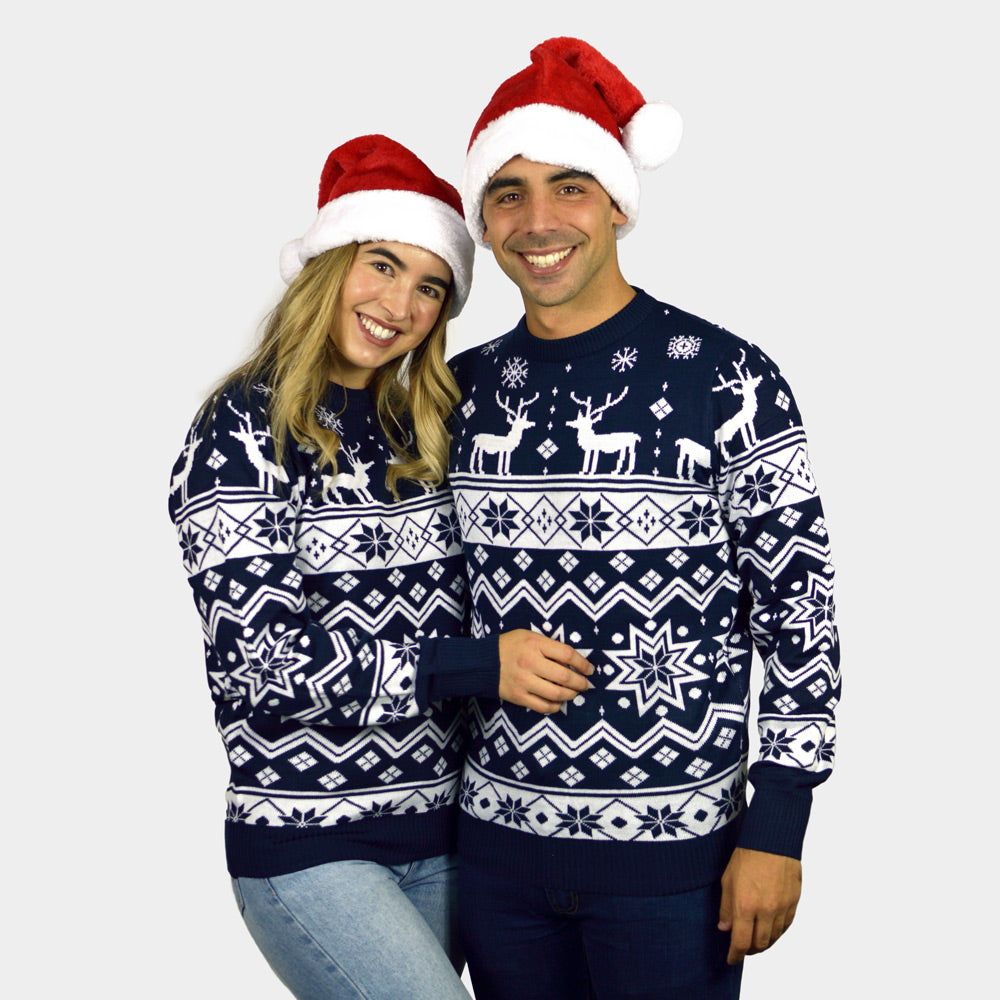 Jersey Navideño para Hombre con Renos y Estrellas Azul Nordic parejas