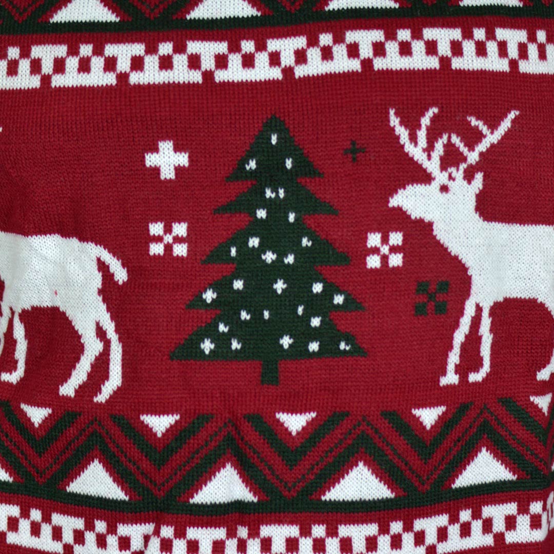 Jersey de Navidad para Hombre Rojo Árboles de Navidad y Renos Detalle Árbol