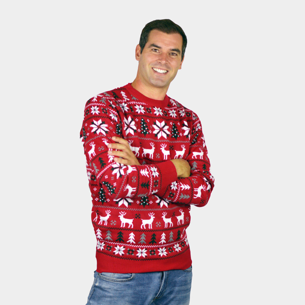 Jersey de Navidad para Hombre Rojo Renos, Árboles y Estrellas Polares