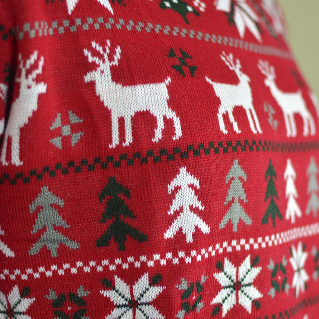 Jersey de Navidad para Hombre Rojo Renos, Árboles y Estrellas Polares Detalle Renos