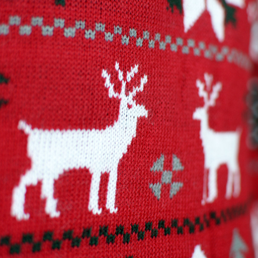 Jersey de Navidad Parejas Rojo con Renos, Árboles y Estrellas Polares Detalle Renos