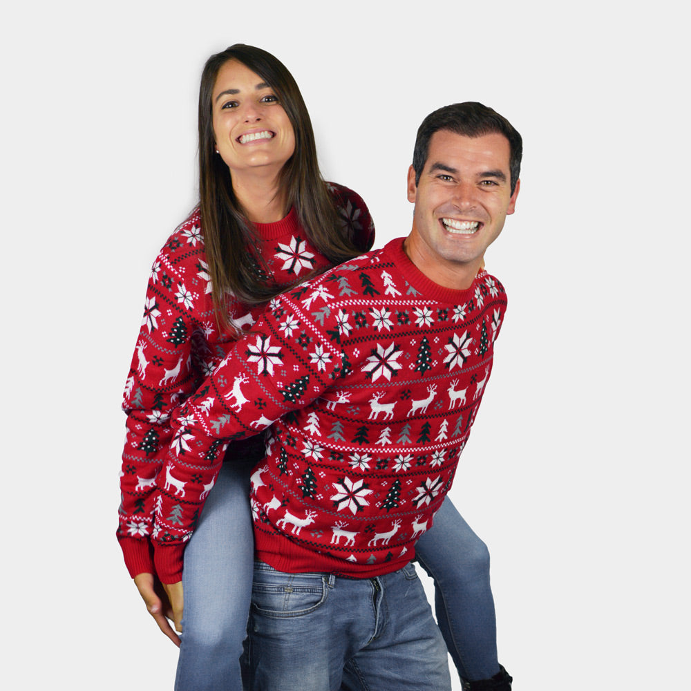 Jersey de Navidad Parejas Rojo con Renos, Árboles y Estrellas Polares