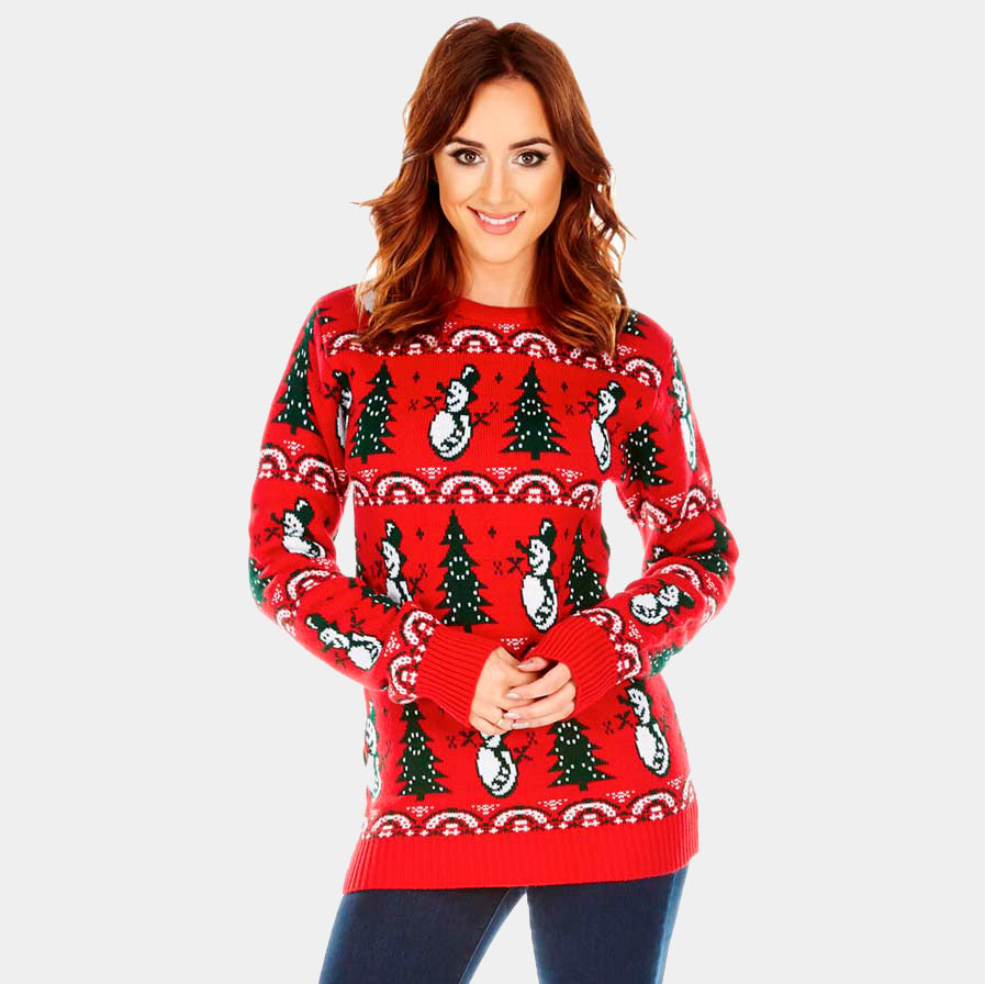 Jersey Navideño Rojo con Pinos y Muñecos de Nieve mujer