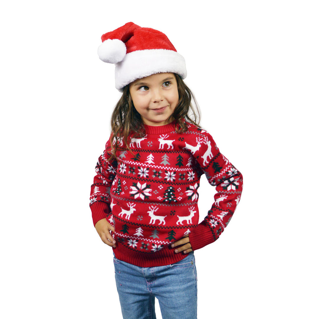 Jersey de Navidad para Familia Rojo Renos, Árboles y Estrellas Polares Niños