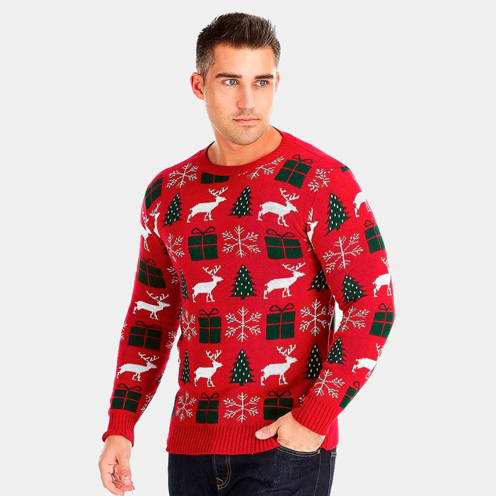 Jersey Navideño hombre Rojo con Renos, Regalos y Pinos