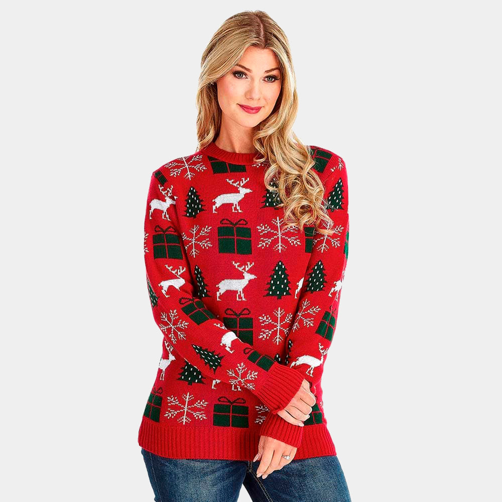 Jersey Navideño mujer Rojo con Renos, Regalos y Pinos