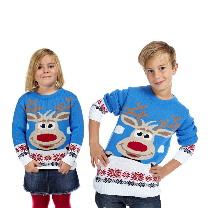 Jersey de Navidad para Niña y Niño Azul Claro con Reno y Nieve
