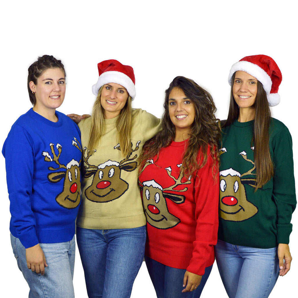 Jersey de Navidad para Mujer Reno Sonriente Azul grupo