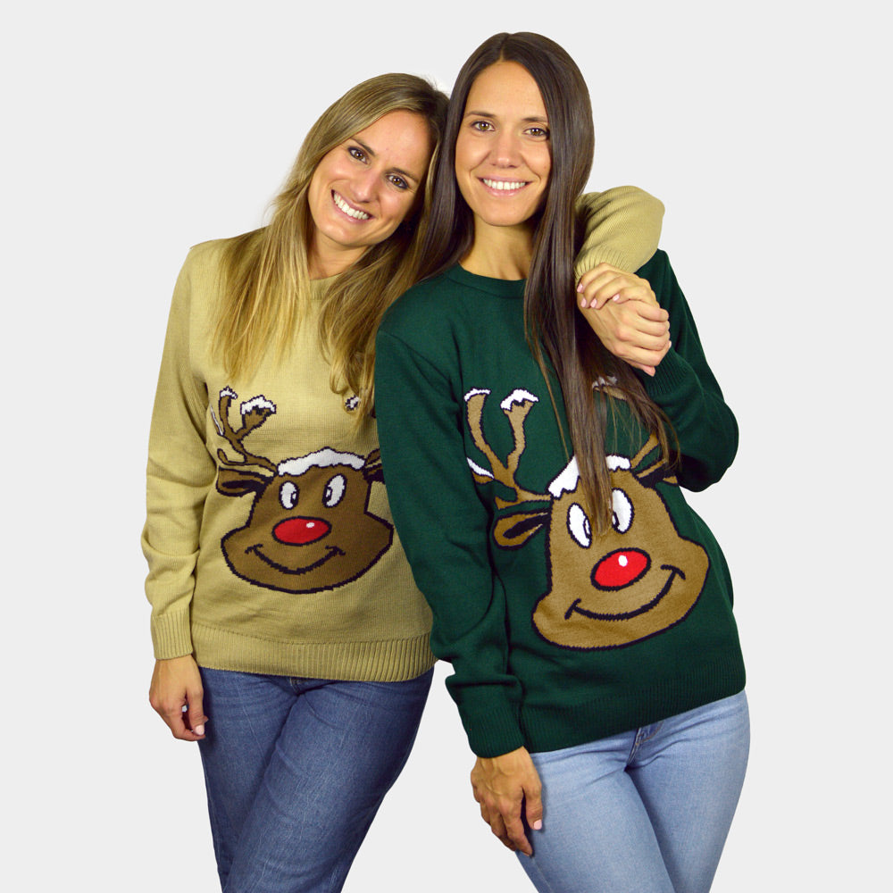 Jersey de Navidad Para Mujer Reno Sonriente Verde chicas