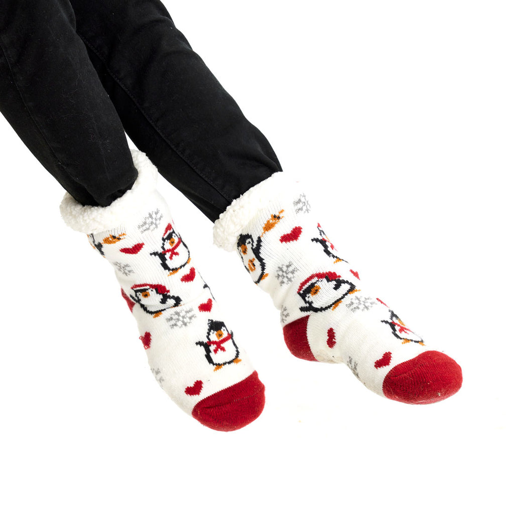 Calcetines de Navidad de Andar por Casa Blancos Pingüinos y Corazones Mujer y Hombre