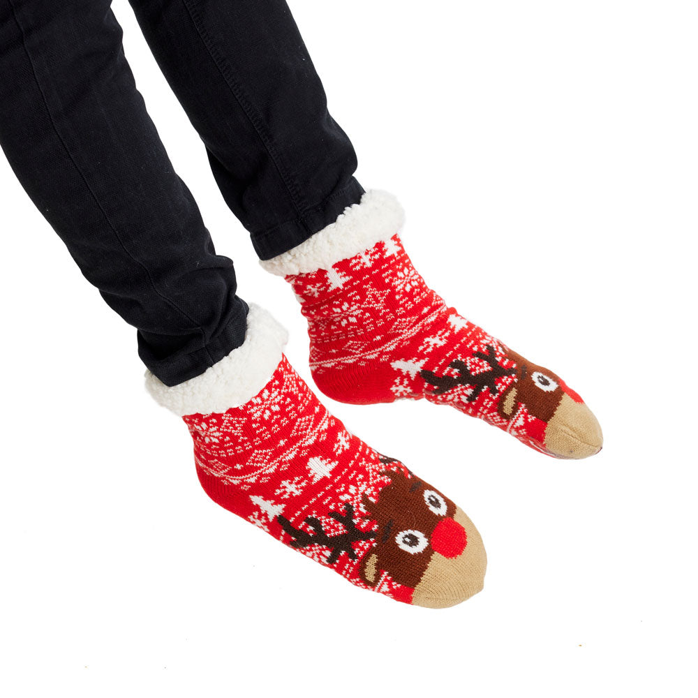 Calcetines de Navidad de Andar por Casa Rojos Cenefas y Renos Hombre y Mujer