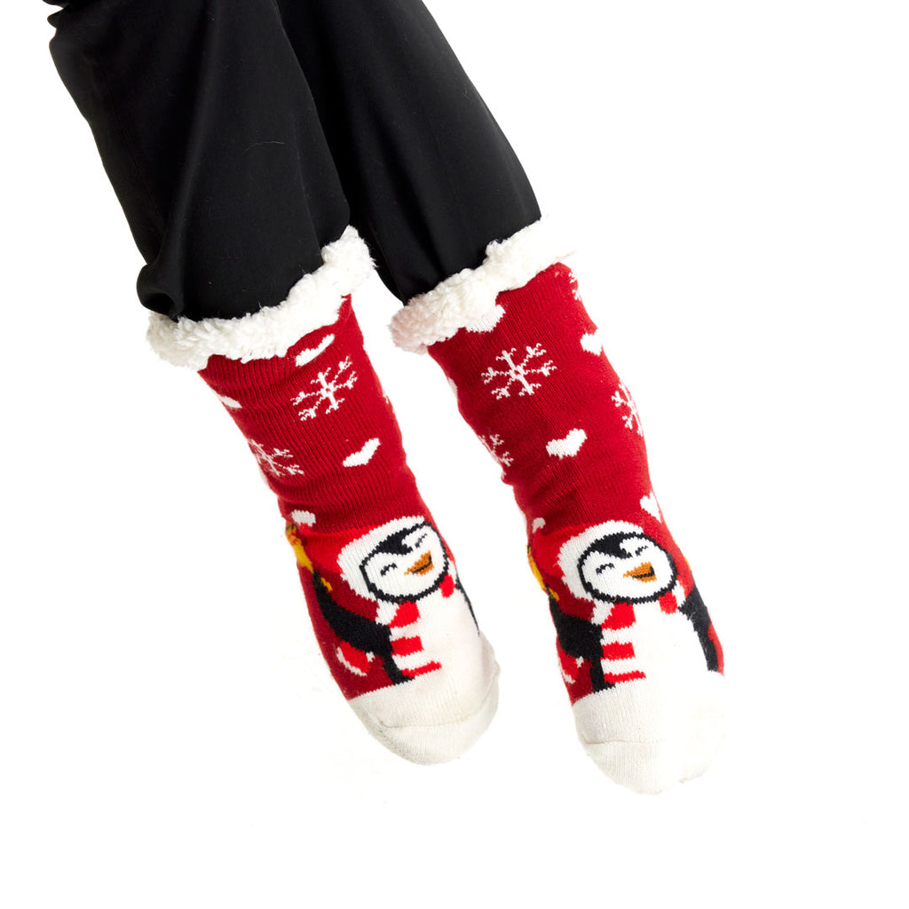 Calcetines de Navidad de Andar por Casa Rojos con Pingüino Mujer y Hombre