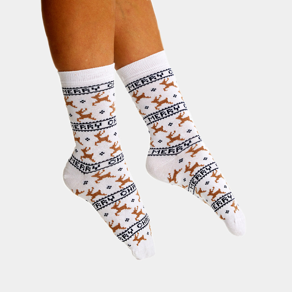 Calcetines de Navidad Unisex Elegantes Blancos con Renos Hombre y Mujer