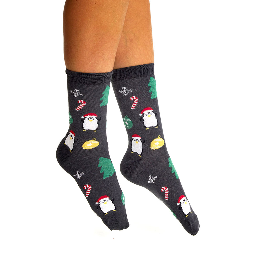 Calcetines de Navidad Unisex Grises con Árboles y Pingüinos Mujer y Hombre
