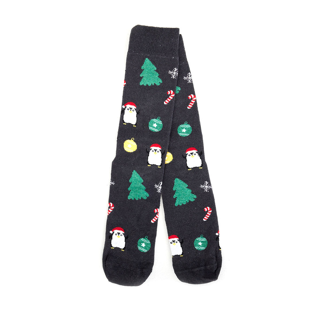 Calcetines de Navidad Unisex Grises con Árboles y Pingüinos