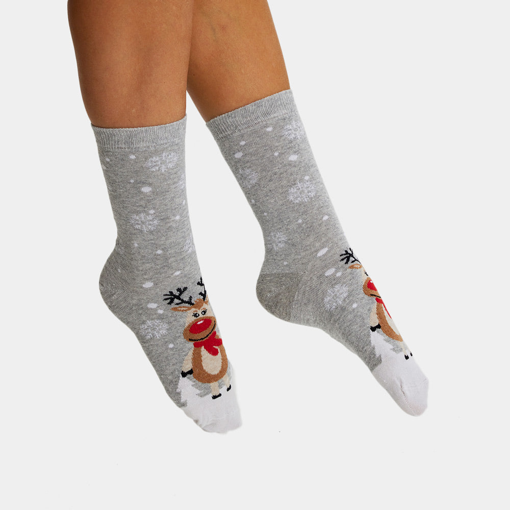 Calcetines de Navidad Unisex Grises con Renas Cute Mujer y Hombre