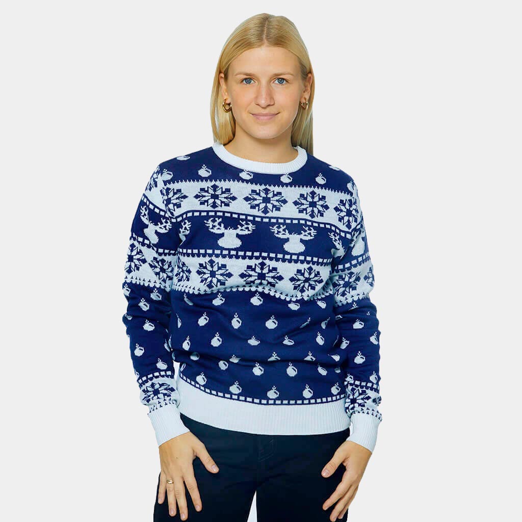 Jersey de Navidad para Adultos con Renos y Nieve Azul 2021 Mujer