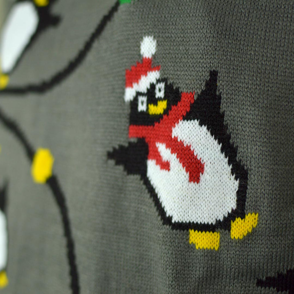 Jersey de Navidad de Luces LED para Familia Gris con Pingüinos Detalle Navidad