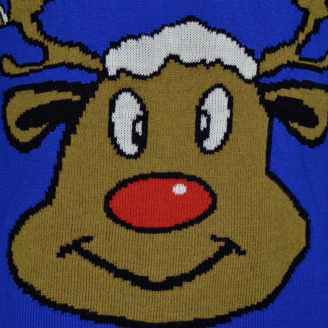 Jersey de Navidad para Familia Reno Sonriente Azul Detalle Reno