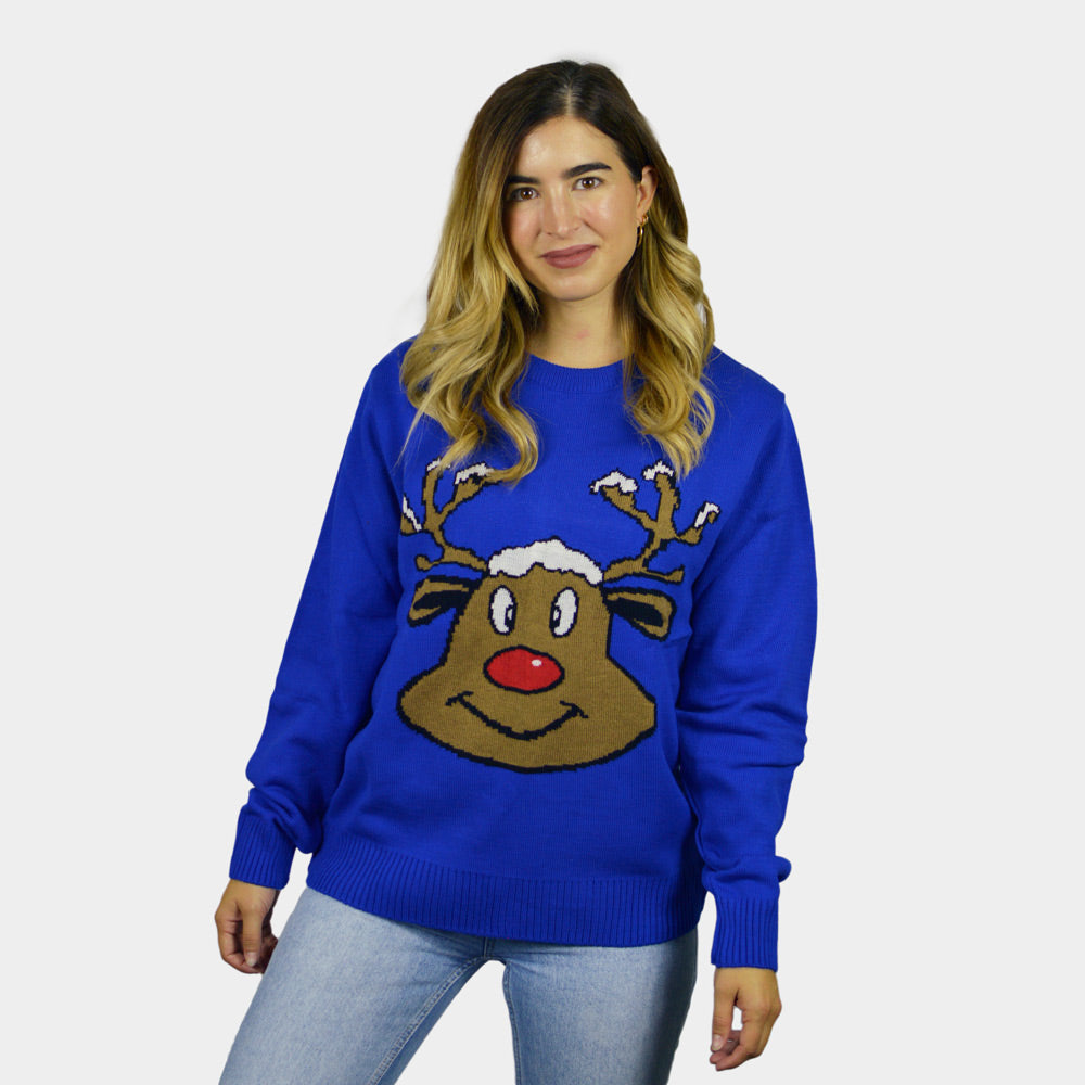 Jersey de Navidad para Familia Reno Sonriente Azul Mujer