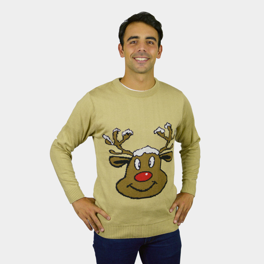 Jersey de Navidad para Familia Reno Sonriente Beige Hombre