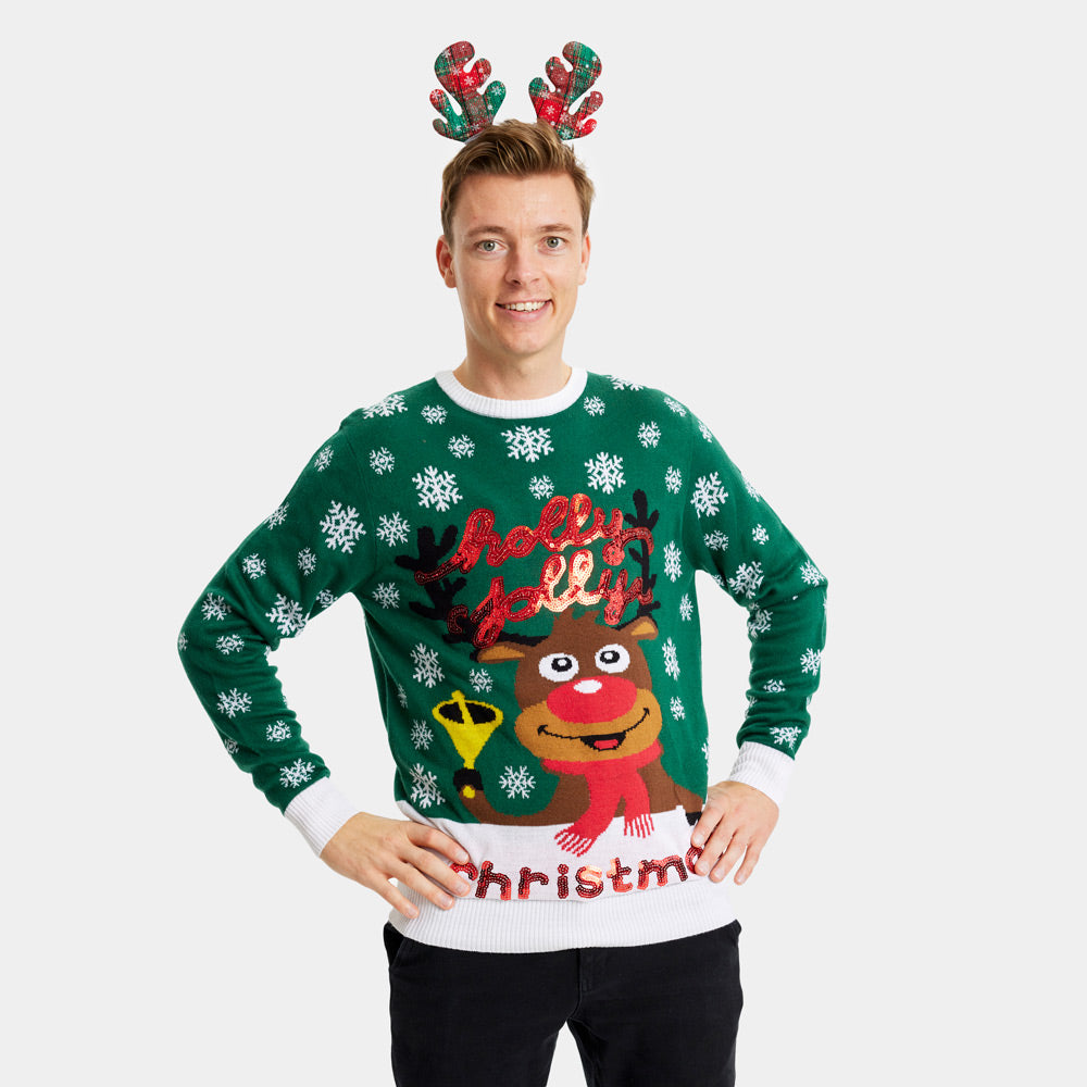 Jersey de Navidad para Familia Verde Holly Jolly Lentejuelas hombre