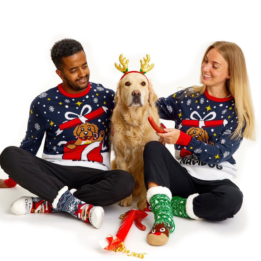 Jersey de Navidad para Hombre Feliz Navidog pareja con perro