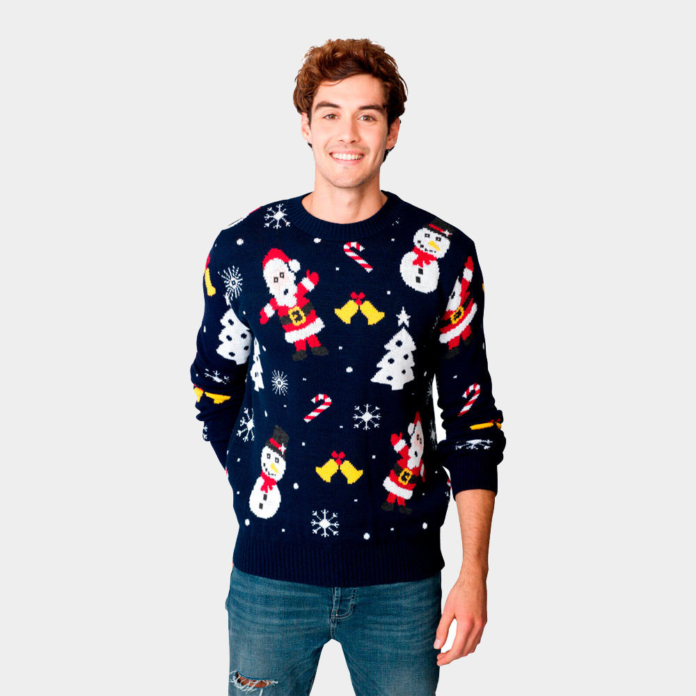 Jersey de Navidad para Hombre Azul Marino Papá Noel y Muñecos de Nieve