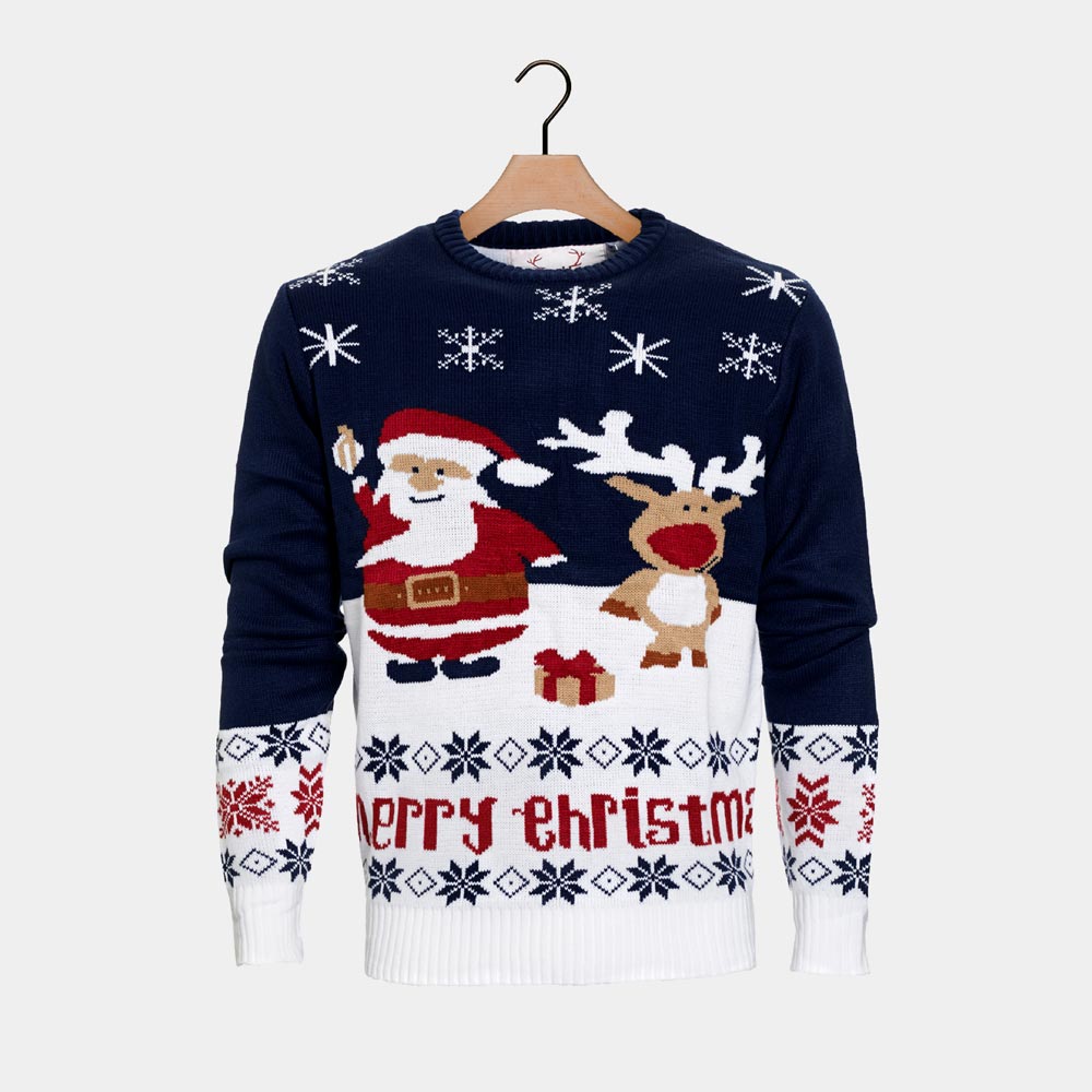 Jersey de Navidad Hombre Azul Papá Noel Reno Rudolph Algodón Orgánico ...