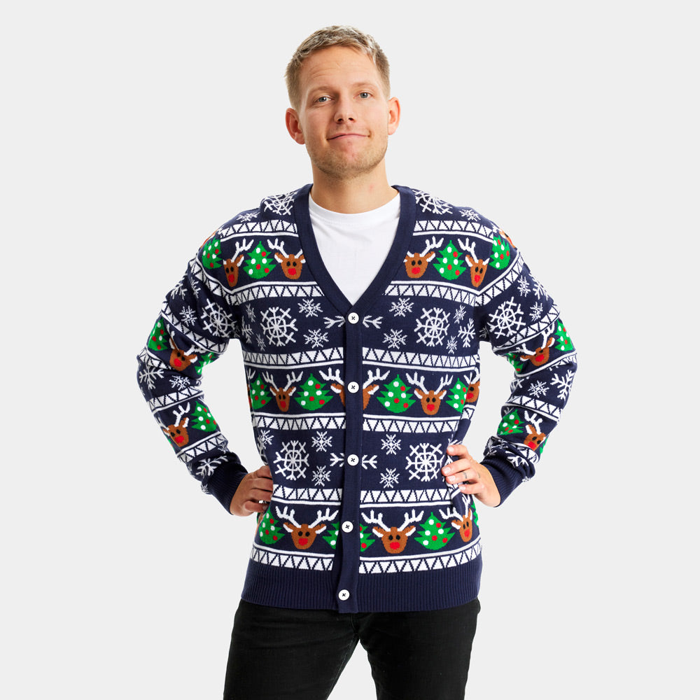 Jersey de Navidad Hombre Cárdigan Azul con Renos y Árboles